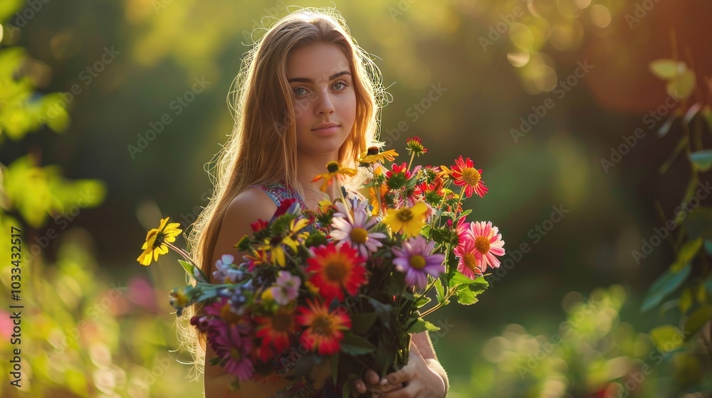 A photograph of a smiling young woman vibrant flowers, standing in a sunlit garden A photograph of a smiling young woman vibrant flowers, standing in a sunlit garden