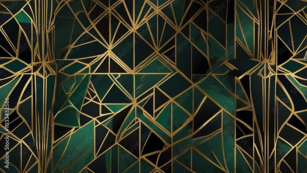 Elegant, repeating geometric patterns in the Art Deco style, featuring bold lines and gold accents on deep black and emerald green backgrounds, perfect for luxury decor and backgrounds.