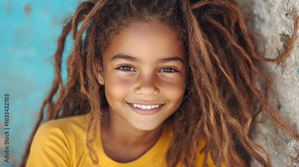 A young child with beautiful dreadlocks beams a bright smile, exuding innocence and joy against a vibrant backdrop, capturing a moment of pure happiness. A young child with beautiful dreadlocks beams a bright smile, exuding innocence and joy against a vibrant backdrop, capturing a moment of pure happiness.