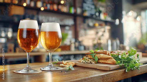 Two glasses of beer are sitting on a bar top in a warmly lit pub, with condensation clinging to the sides of the glasses