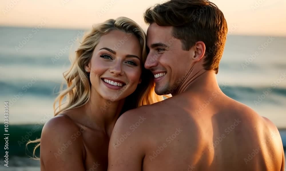 Young couple shares a joyful moment at sunset on the beach, enjoying the ocean waves and warm summer breeze Young couple shares a joyful moment at sunset on the beach, enjoying the ocean waves and warm summer breeze