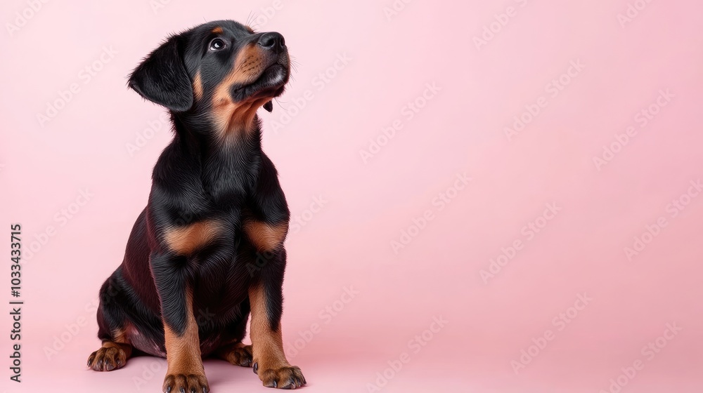 Cute Rottweiler Puppy on Pink Background Cute Rottweiler Puppy on Pink Background