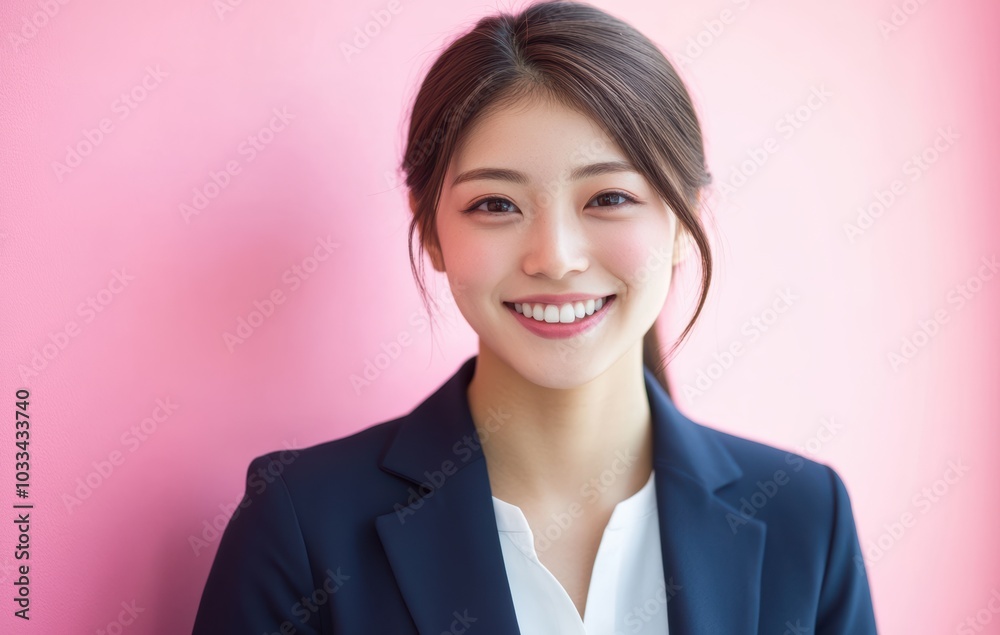 young Japanese woman in business attire stands with confidence against a pastel pink background, her posture and expression emphasizing a balance of professionalism. young Japanese woman in business attire stands with confidence against a pastel pink background, her posture and expression emphasizing a balance of professionalism.