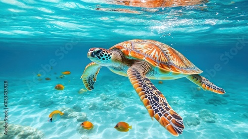 A green sea turtle swims through crystal clear blue water with a school of yellow fish.