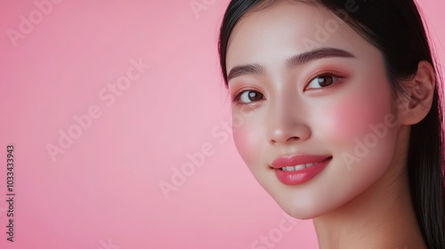 An Asian woman poses with impeccable skin against a pastel pink backdrop, reflecting skincare excellence and elegance in a commercial context.