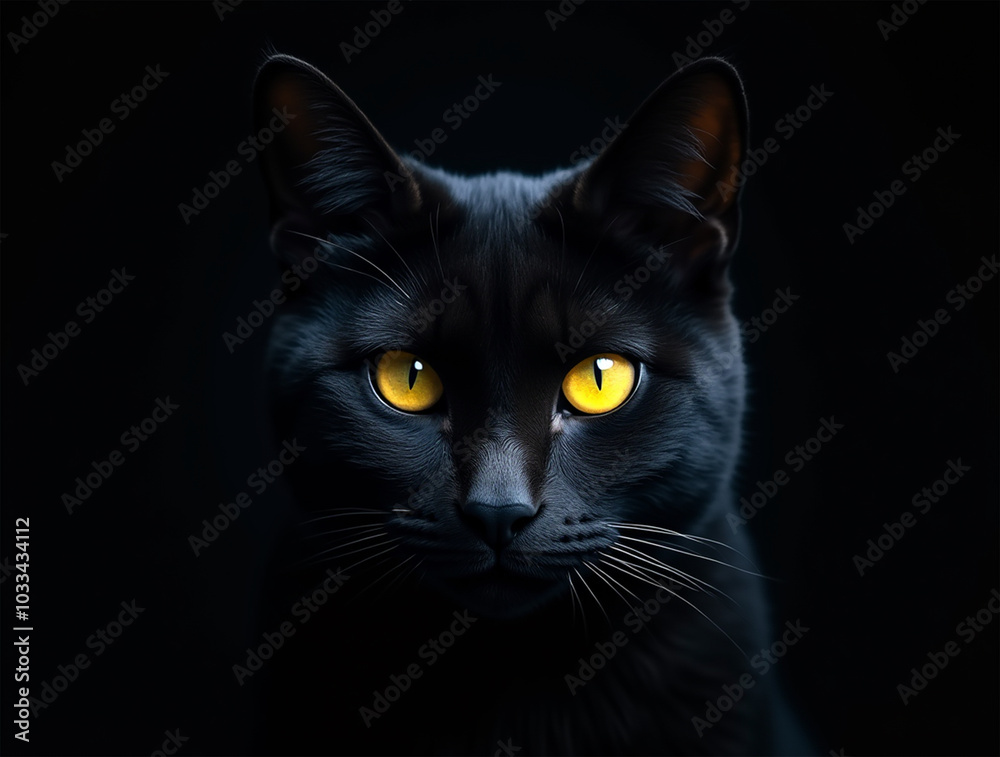 Majestic Black Cat with Striking Yellow Eyes in Dark Background Majestic Black Cat with Striking Yellow Eyes in Dark Background