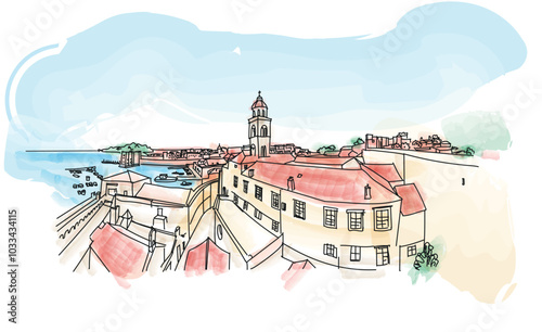 The aerial view of Dubrovnik, a city in southern Croatia fronting the Adriatic Sea, Europe - vector illustration