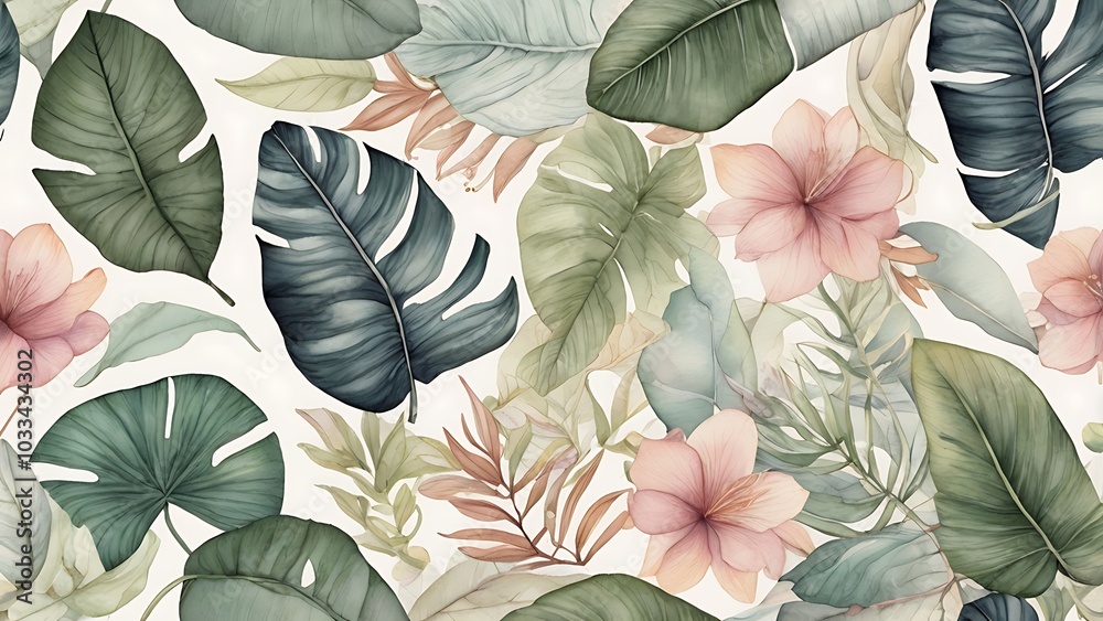 custom made wallpaper toronto digitalSoft watercolor illustrations of various tropical leaves and delicate flowers in pastel hues, blending together to create a calming, nature-inspired background or decor piece.