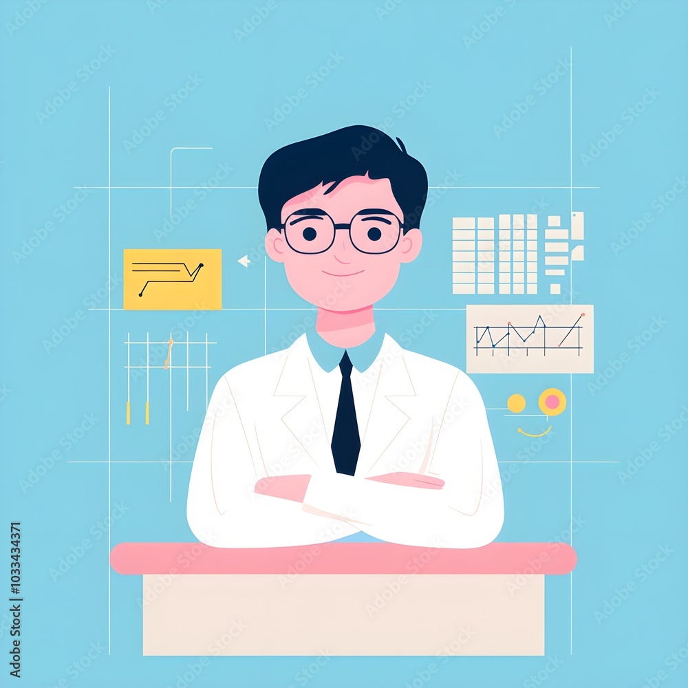 Smiling Businessman in White Lab Coat with Arms Crossed in Front of a Desk with Charts and Graphs Smiling Businessman in White Lab Coat with Arms Crossed in Front of a Desk with Charts and Graphs