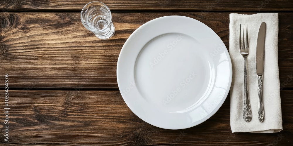 An empty white plate with cutlery and a glass on a rustic wooden background. Flat lay, top view with copyspace. An empty white plate with cutlery and a glass on a rustic wooden background. Flat lay, top view with copyspace.