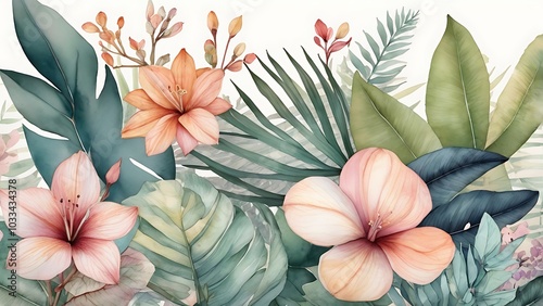 Soft watercolor illustrations of various tropical leaves and delicate flowers in pastel hues, blending together to create a calming, nature-inspired background or decor piece.