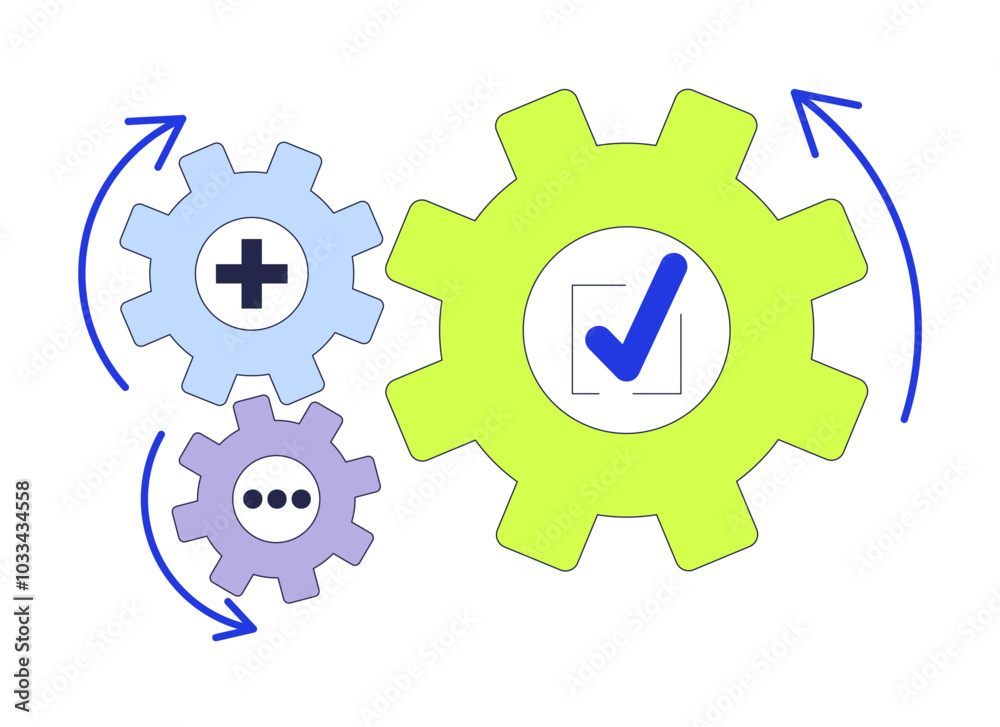 Business gears connect 2D cartoon object. Cogs process automation. Integration join. Project management wheels cogwheels isolated element flat vector clipart on white background. Spot illustration Business gears connect 2D cartoon object. Cogs process automation. Integration join. Project management wheels cogwheels isolated element flat vector clipart on white background. Spot illustration