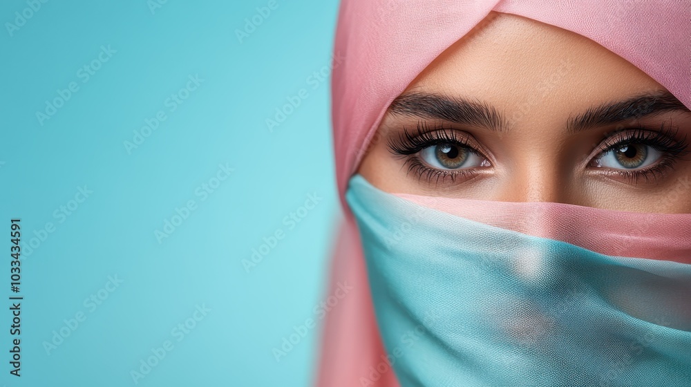 Image featuring a woman's captivating eyes with a pink and blue scarf wrapped around her face, showcasing the beauty and intrigue of her expression. Image featuring a woman's captivating eyes with a pink and blue scarf wrapped around her face, showcasing the beauty and intrigue of her expression.