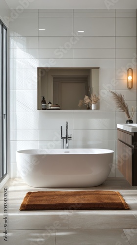 Modern bright bathroom with lamella wall. Big white bath with silver faucet and brown towel. Washbasin with dark cabinet and morror, Generative AI photo