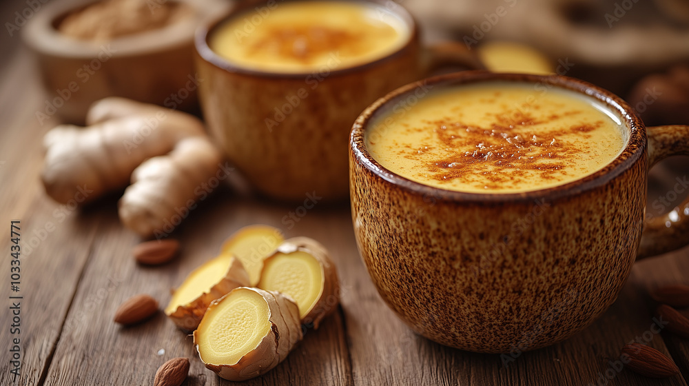Golden latte with turmeric, creamy texture and latte art Golden latte with turmeric, creamy texture and latte art