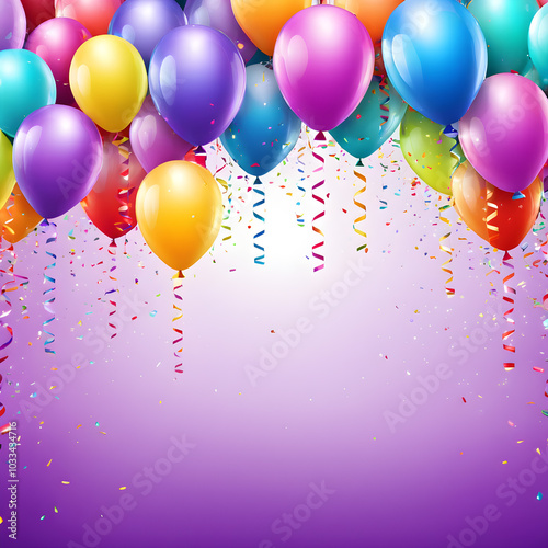 Colorful balloons with confetti and streamer on a purple background