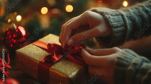 Close-up of woman's hands tyng a red bow on a gift box with Christmas background photo