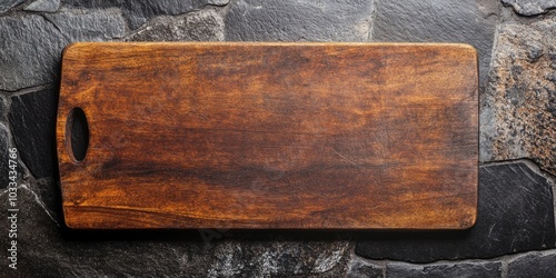 Top view of a wooden cutting board on a rustic stone countertop. photo