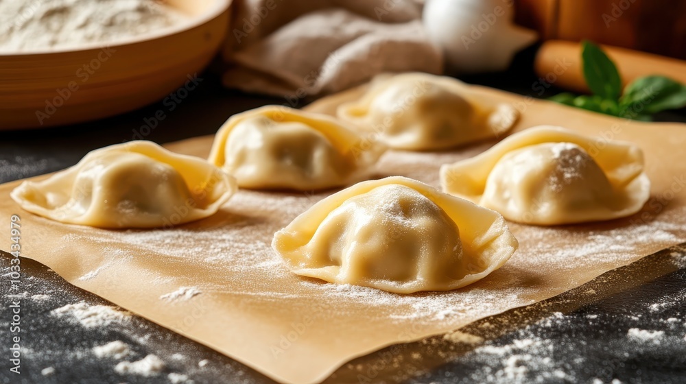 Five uncooked dumplings are precisely arranged on parchment paper, ready for cooking, presented in a clean and artistic manner, emphasizing culinary simplicity. Five uncooked dumplings are precisely arranged on parchment paper, ready for cooking, presented in a clean and artistic manner, emphasizing culinary simplicity.