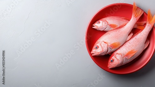 Three vibrant red fish neatly arranged on a bold red plate against a gray background, capturing the essence of freshness and a minimalist aesthetic in seafood. photo