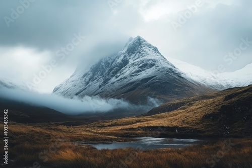 A majestic snow-capped mountain peak rises above a misty valley, with a small lake in the foreground.