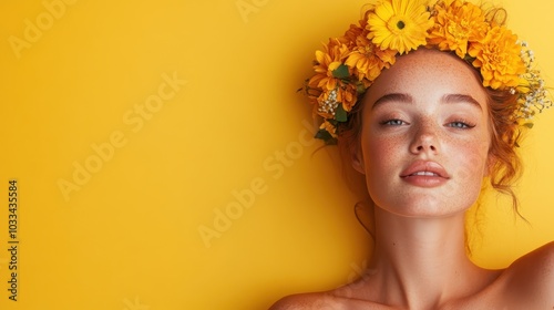 A radiant female model sports a blooming flower crown on a vibrant yellow background, highlighting themes of freshness, beauty, and artistic expression in a modern setting.