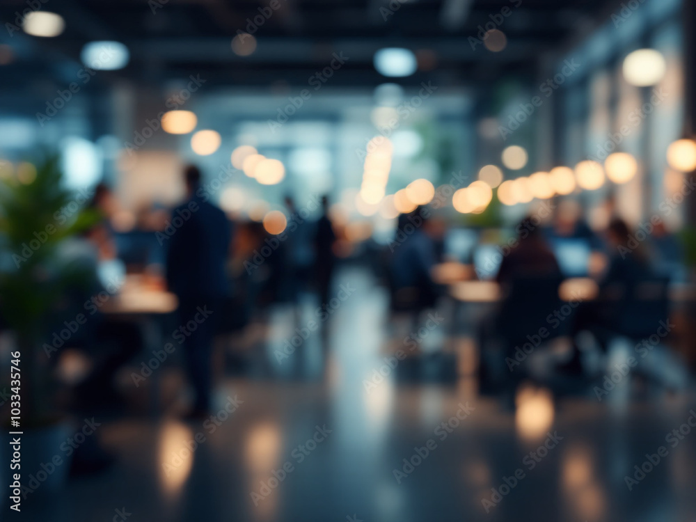 A blurred image of a modern office space with people working at work A blurred image of a modern office space with people working at work