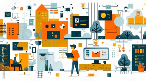 Wallpaper Mural An illustration of a male businessman in a diverse office environment, showcasing a vibrant workplace filled with professionals. This image highlights the essence of collaboration and inclusivity in t Torontodigital.ca