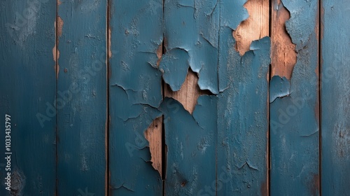 Peeling blue paint on old wooden planks, revealing natural wood beneath, providing a unique and rustic texture that highlights the passage of time and history. photo