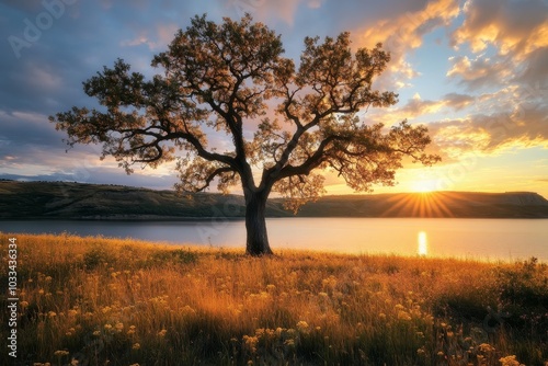 A solitary tree stands on a grassy hill overlooking a lake with a dramatic sunset in the background.