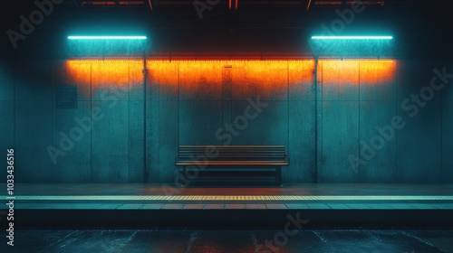 Empty train station platform at night with glowing lights and a single bench