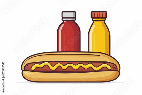 Minimalist of a classic hotdog with mustard and ketchup bottles in a flat  clean design style  isolated on a plain white background  This simple icon can be used for food  restaurant  fast food photo