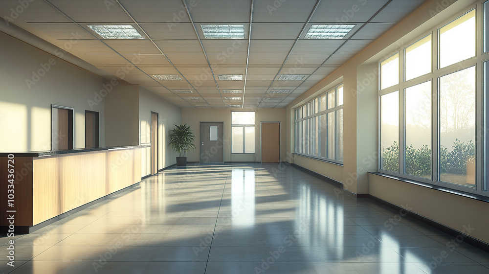 An empty office space with large windows, light gray floor tiles, and a white ceiling An empty office space with large windows, light gray floor tiles, and a white ceiling