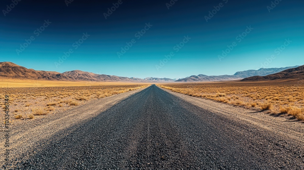Naklejka premium An empty winding road stretching into the desert horizon under a clear blue sky