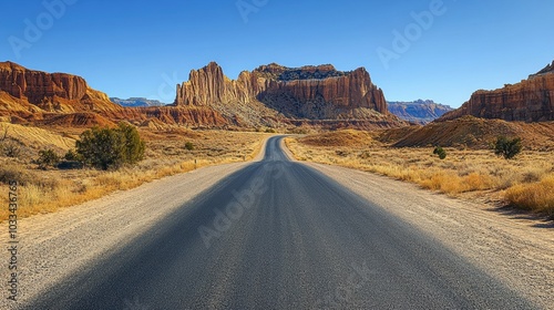 An empty winding road stretching into the desert horizon under a clear blue sky