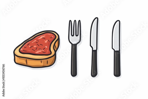 icon depicting a steak fork and knife in a flat and simple graphic style isolated on a clean white background