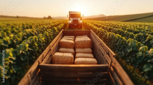 A truck with a trailer loaded with packages in a vineyard setting during sunset, highlighting themes of transport, logistics, and agriculture blending beautifully. photo