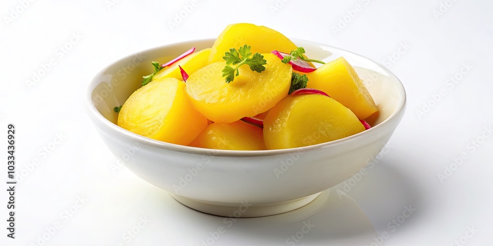 Korean Yellow Pickled Radish Danmuji Side Dish in White Bowl on White Background - Authentic Korean Cuisine, Healthy Side Dish, Asian Gastronomy, Vibrant Yellow Color, Culinary Delight Korean Yellow Pickled Radish Danmuji Side Dish in White Bowl on White Background - Authentic Korean Cuisine, Healthy Side Dish, Asian Gastronomy, Vibrant Yellow Color, Culinary Delight
