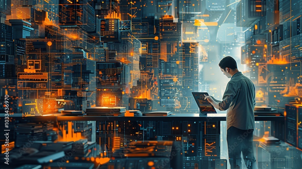 An illustration of a male businessman in a diverse office environment, showcasing a vibrant workplace filled with professionals. This image highlights the essence of collaboration and inclusivity in t An illustration of a male businessman in a diverse office environment, showcasing a vibrant workplace filled with professionals. This image highlights the essence of collaboration and inclusivity in t