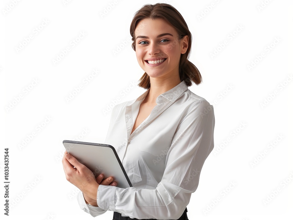 Smiling Woman Holding a Tablet Isolated On White Background Smiling Woman Holding a Tablet Isolated On White Background