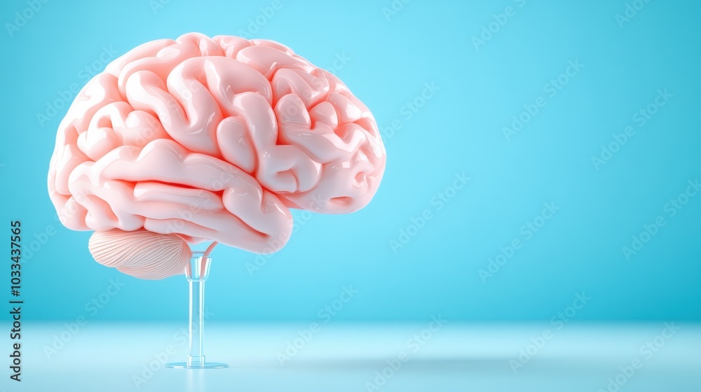A creative representation of a brain on a glass stand, symbolizing intelligence and thought against a soft blue background.