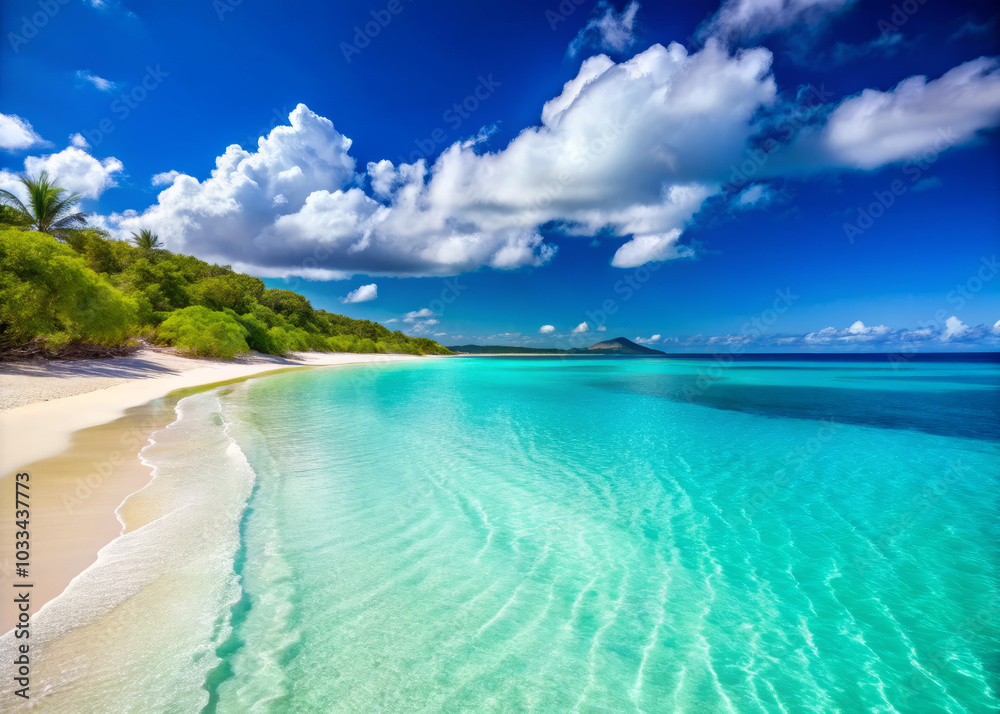 Fototapeta premium stunning turquoise lagoon laps against gently sloping shoreline of pristine white sand, surrounded by lush greenery and under bright blue sky with fluffy clouds