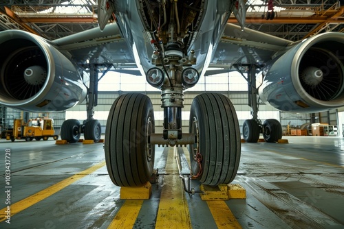 Airplane being prepared for its next flight in an airport hangar