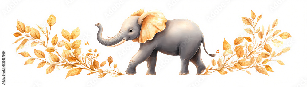 This delightful elephant illustration features a gentle creature walking gracefully amidst vibrant golden leaves perfect for children's decor art projects or nature-themed designs This delightful elephant illustration features a gentle creature walking gracefully amidst vibrant golden leaves perfect for children's decor art projects or nature-themed designs