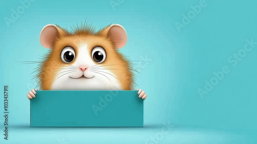 A cute and fluffy hamster peeks over a turquoise sign, perfect for pet-related themes and adorable animal graphics.