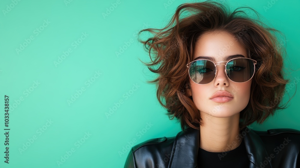 A fashion-forward woman with a leather jacket and stylish sunglasses poses confidently against a mint green background, embodying chic modernity. A fashion-forward woman with a leather jacket and stylish sunglasses poses confidently against a mint green background, embodying chic modernity.
