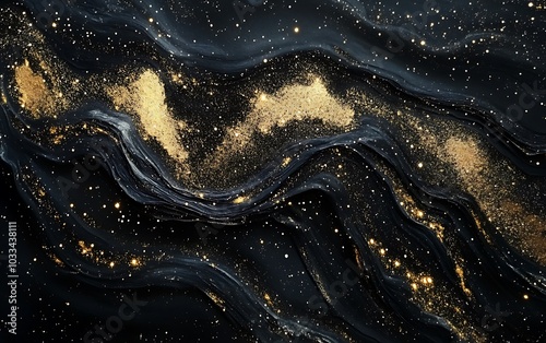 A mesmerizing abstract composition featuring swirling black textures adorned with shimmering golden elements resembling a cosmic scene.