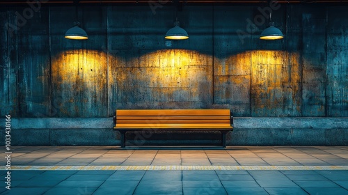 Empty train station platform at night with glowing lights and a single bench