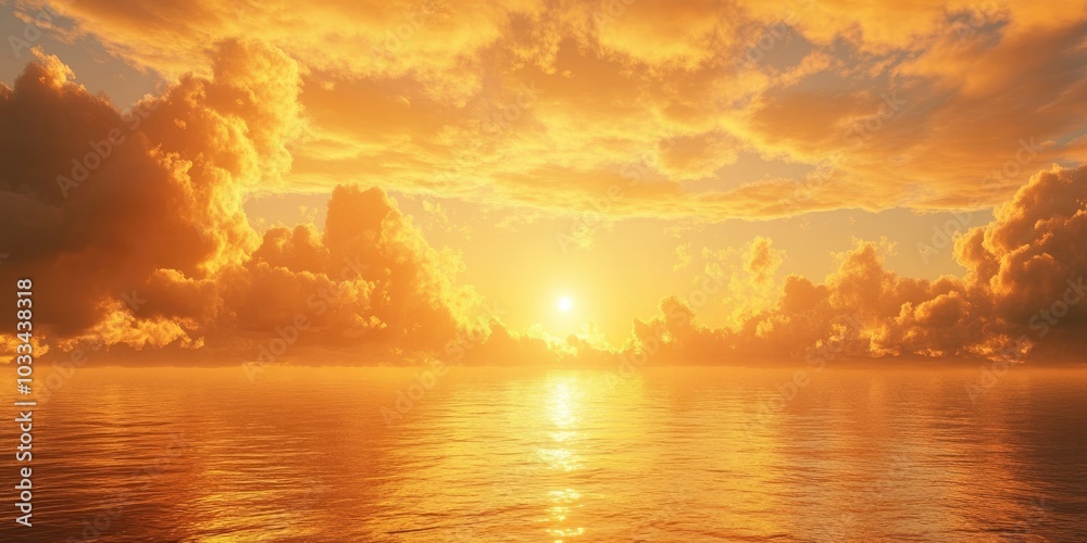Sun setting into the sea. A stunning golden sunset over the ocean with fluffy clouds in the sky. Sun setting into the sea. A stunning golden sunset over the ocean with fluffy clouds in the sky.