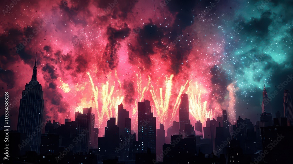 Obraz premium Vibrant fireworks illuminate the night sky above a bustling city skyline, creating a stunning visual spectacle.